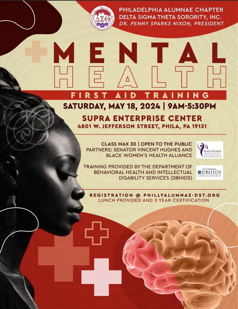 Flyer for mental health first aid training event with a profile of a woman and a brain image.